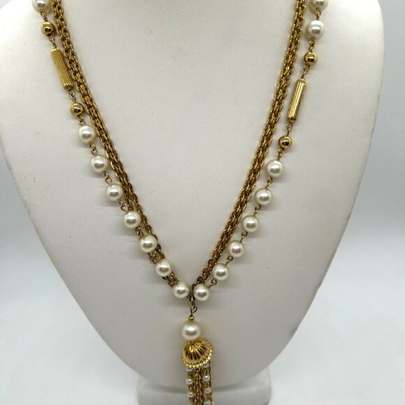 Vintage Faux Pearl Necklace Triple Strand Gold-Tone Chain Tassel Pendant 1970s - Picture 5 of 13